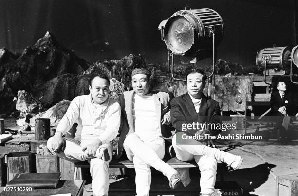 Actors Shoichi Hirose, Haruo Nakajima and Masaki Shinohara, who act King Ghidorah, Godzilla and Radon in a rubber suits are seen circa 1965 in Japan.