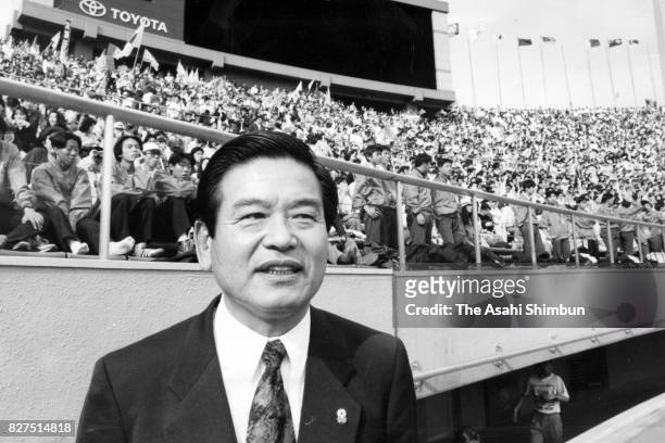League Chairman Saburo Kawabuchi is seen at the national stadium on April 18, 1993 in Tokyo, Japan.