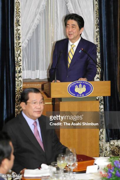 Japanese Prime Minister Shinzo Abe addresses during a dinner inviting Cambodian Prime Minister Hun Sen at the prime minister's official residence on...