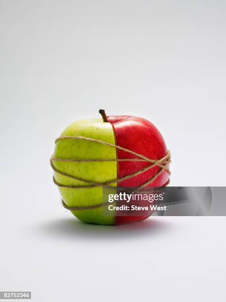 two apple halves held together with string - forgery stock pictures, royalty-free photos & images