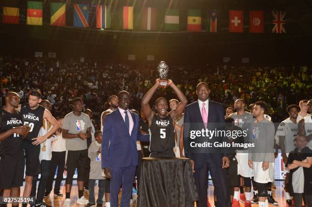 Amadou Gallo Fall ,Gorgui Dieng and Dikembe Mutombo during the NBA Africa Game 2017 at Ticketpro Dome on August 05, 2017 in Johannesburg, South...