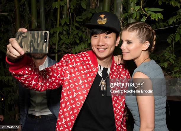 Singer JJ Lin and actress Kate Mara take an iphone selfie at the Haute Living Celebrates Kate Mara with Westime event on August 7, 2017 in Los...