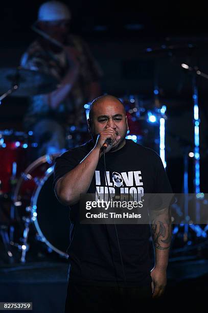 King Kapisi performs Baby Come On by Elemeno P at the 2008 APRA Silver Scroll Awards at the Auckland Town Hall on September 10, 2008 in Auckland, New...