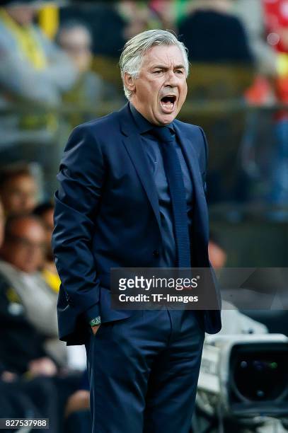 Head coach Carlo Ancelotti of Bayern Muenchen gestures during the DFL Supercup 2017 match between Borussia Dortmund and Bayern Muenchen at Signal...