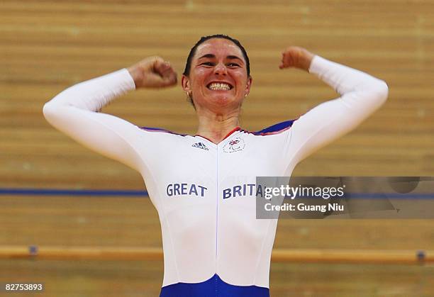 Sarah Storey of Great Britain celebrates on the podium with her gold medal after winning the Women's Individual Pursuit Track Cycling event at...