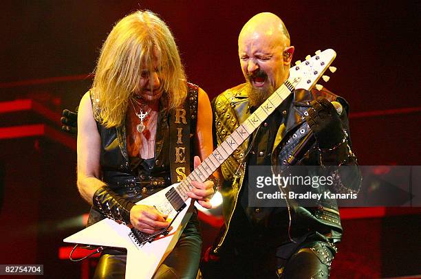 Downing and Rob Halford of the band Judas Priest perform on stage at the Brisbane Entertainment Centre on September 10, 2008 in Brisbane, Australia.