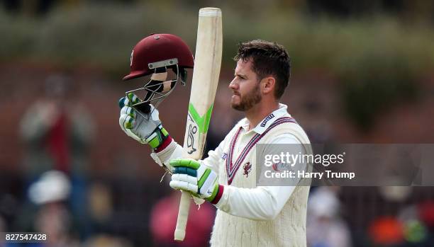 Steve Davies of Somerset celebrates his century during Day Two of the Specsavers County Championship Division One match between Somerset and Surrey...