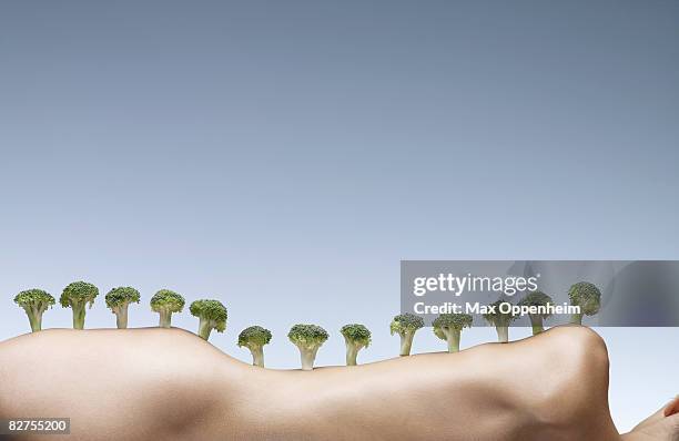 broccolli florets resting on the side of a woman - max knoll stock pictures, royalty-free photos & images
