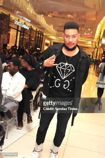 Rapper AKA during Bonang Mathebas From A to B book launch at Sandton Citys Diamond Walk on August 03, 2017 in Johannesburg, South Africa. The book is...