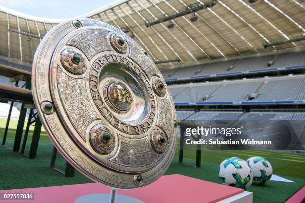 The Bundesliga trophy sits on a podium during the team presentation at Allianz Arena of FC Bayern Muenchen on August 8, 2017 in Munich, Germany.