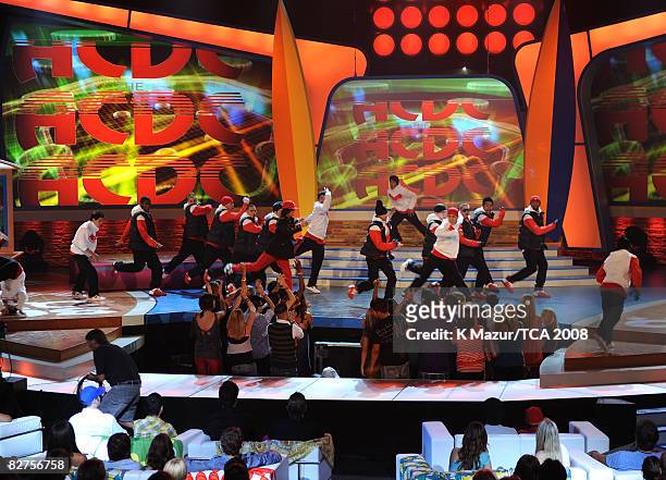 Singer Chris Brown and Adam Sevani with the ACDC dance crew performing onstage during the 2008 Teen Choice Awards at Gibson Amphitheater on August 3,...