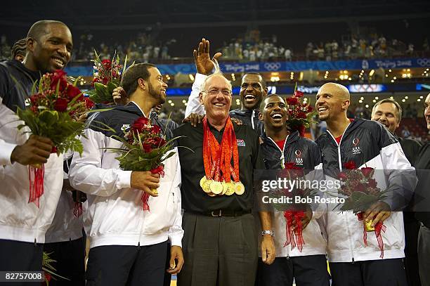 Summer Olympics: USA team and assistant coach Jim Boeheim victorious after game vs Spain during Men's Final at Olympic Basketball Gymnasium in...