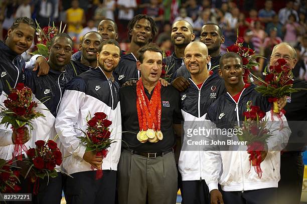 Summer Olympics: USA team and head coach Mike Krzyzewski victorious with gold medals after game vs Spain during Men's Final at Olympic Basketball...