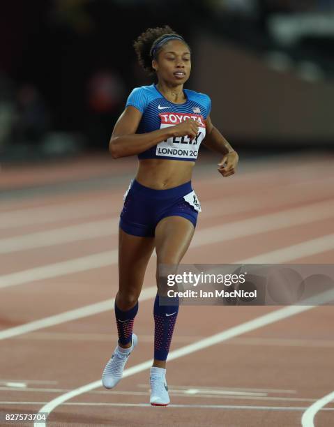 Allyson Felix of United States competes in the Women's 400m semi final during day four of the 16th IAAF World Athletics Championships London 2017 at...