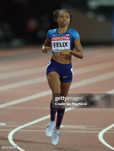 Allyson Felix of United States competes in the Women's 400m semi final during day four of the 16th IAAF World Athletics Championships London 2017 at...