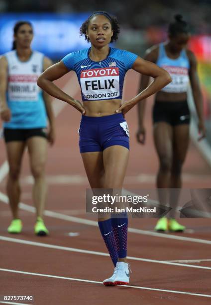 Allyson Felix of United States competes in the Women's 400m semi final during day four of the 16th IAAF World Athletics Championships London 2017 at...