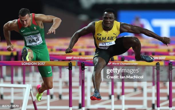 Omar McLeod of Jamaica competes in the Men's 110m Hurdles final during day four of the 16th IAAF World Athletics Championships London 2017 at The...