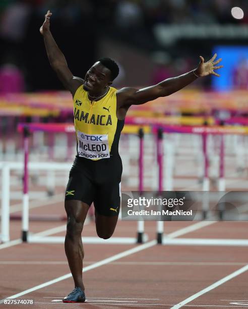 Omar McLeod of Jamaica competes in the Men's 110m Hurdles final during day four of the 16th IAAF World Athletics Championships London 2017 at The...
