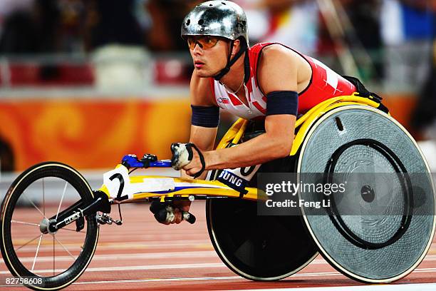 Marcel Hug of Switzerland completes in the Men's 400m - T54 Final at the National Stadium during day four of the 2008 Paralympic Games on September...