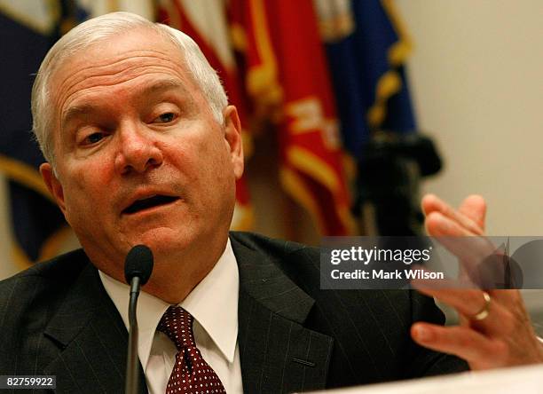 Defense Secretary Robert Gates testifies during a House Armed Services Committee hearing on Capitol Hill, September 10, 2008 in Washington, DC. The...