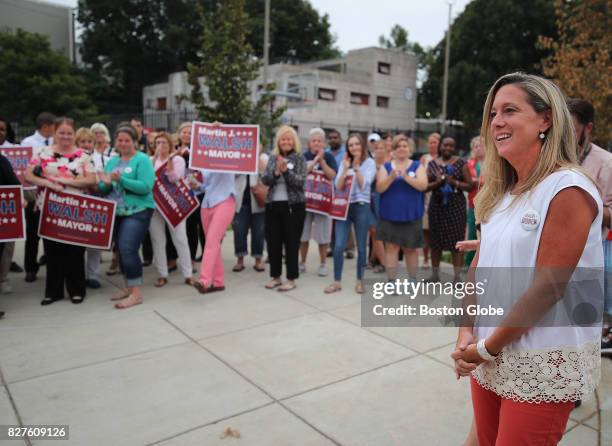 Lorrie Higgins, longtime partner of Boston Mayor Marty Walsh, is introduced during a Walsh Campaign Women for Walsh rally at Doherty Playground in...
