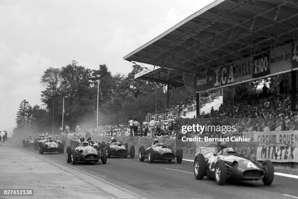 Jean Behra, Juan Manuel Fangio, Luigi Musso, Maserati 250F, Ferrari 801, Grand Prix of France, Rouen-Les-Essarts, 07 July 1957.