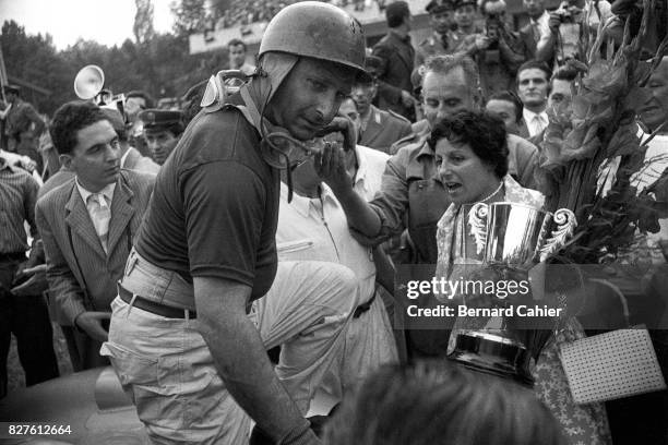 Juan Manuel Fangio, Andrea Beba Berruet, Grand Prix of Italy, Monza, 11 September 1955. Juan Manuel Fangio, with girlfriend Andrea Beba Berruet after...