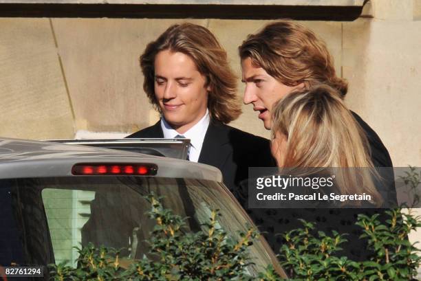 Jean Sarkozy arrives with his brother Pierre Sarkozy and his Mother, Marie Culioli to attend his wedding with Jessica Sebaoun-Darty on September 10,...