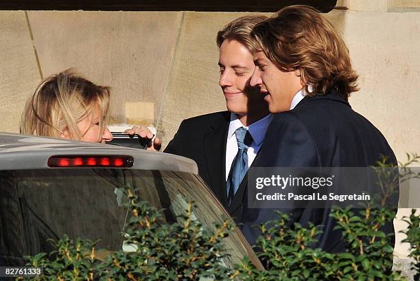 Jean Sarkozy arrives with his brother Pierre Sarkozy and his Mother, Marie Culioli to attend the his wedding with Jessica Sebaoun-Darty on September...