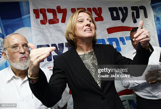 Israeli Minister of Foreign Affairs Tzipi Livni speaks during a primaries rally in the north Israeli town of Haifa on September 10, 2008 prior to the...