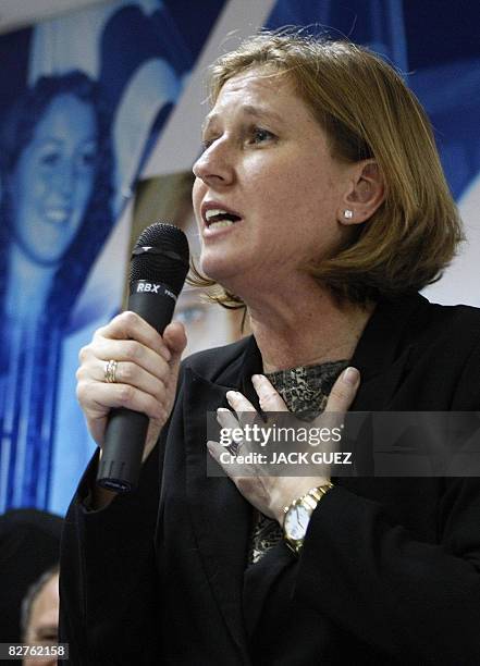 Israeli Minister of Foreign Affairs Tzipi Livni speaks during a primaries rally in the north Israeli town of Haifa on September 10, 2008 prior to the...