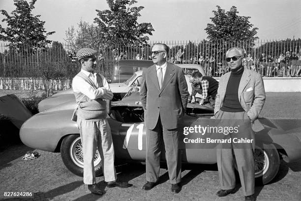 Enzo Ferrari, Paolo Marzotto, Piero Taruffi, Ferrari 118 LM Scaglietti, Mille Miglia, Brescia, 30 April 1955. Enzo Ferrari with his Mille Miglia...