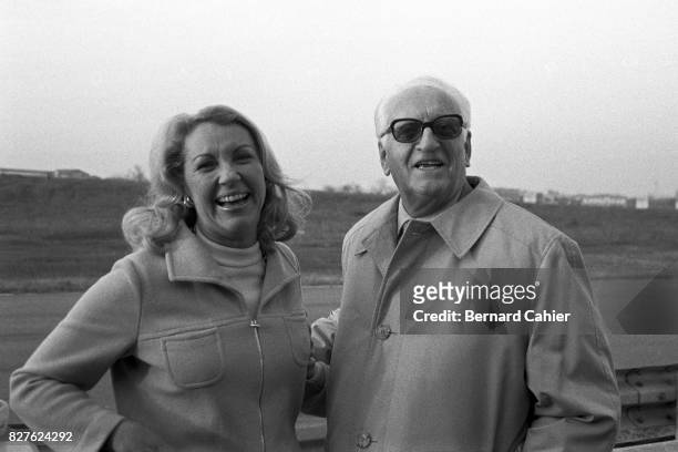 Enzo ferrari with Bernard Cahier's wife, Joan Cahier, testing in Fiorano, 15 February 1976.