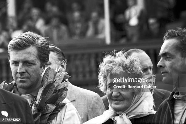 Wolfgang Vontrips, Mrs Enzo Ferrari, Grand Prix of Great Britain, Aintree, 15 July 1961. Mrs Enzo Ferrari on the podium with winner Wolfgang von...