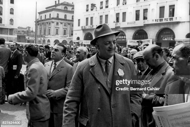 Enzo Ferrari, Mille Miglia, Brescia, 02 May 1954. Enzo Ferrari in the crowd, start of the Mille Miglia in Brescia, 1954.