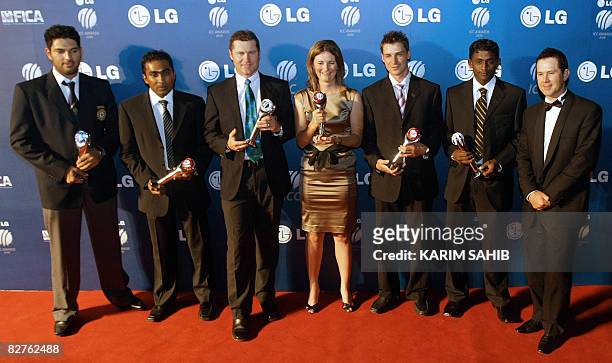 Winners of the ICC Awards 2008 : India's Yuvraj Singh, Sri Lanka's captain Mahela Jayawardene, Australia's Simon Taufel, England captain Charlotte...