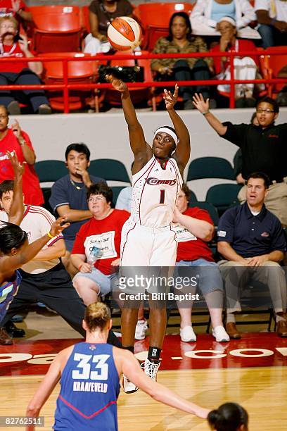 Matee Ajavon of the Houston Comets shoots a jumper during the WNBA game against the New York Liberty on September 2, 2008 at Reliant Arena in...