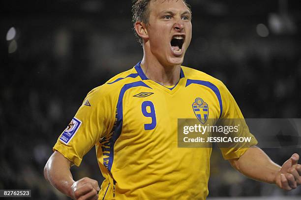 Swedish player Kim Kjallstrom celebrates after his 1-0 goal during their World Cup 2010 qualifying soccer match Sweden vs Hungary at Rasunda Stadium...