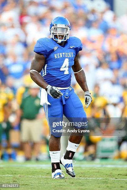 Micah Johnson of the Kentucky Wildcats looks on during the game against the Norfolk State Spartans at Commonwealth Stadium on September 6, 2008 in...
