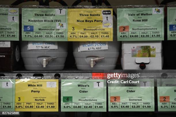 Cask labels are displayed at the CAMRA Great British Beer festival at Olympia exhibition centre on August 8, 2017 in London, England. The five day...