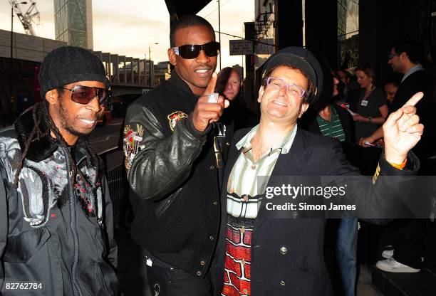 Timmy Mallet arrives with the band Skepta as he attends the nominations launch of The MOBO Awards at Beach Blanket Babylon on September 10, 2008 in...