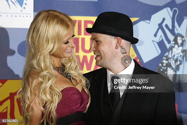 Paris Hilton and Benji Madden pose in the press room at the 2008 MTV Video Music Awards at Paramount Pictures Studios on September 7, 2008 in Los...