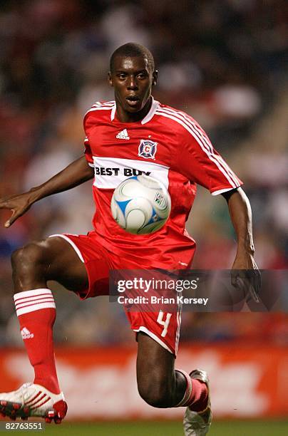 Bakary Soumare of the Chicago Fire kicks the ball against the New York Red Bulls during the first half at Toyota Park on September 6, 2008 in...