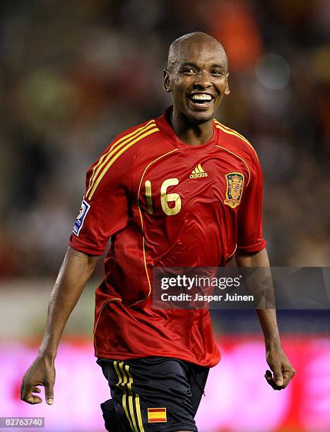 Marcos Senna of Spain celebrates his goal during the FIFA2010 World Cup Qualifier match between Spain and Armenia at the Carlos Belmonte Stadium on...