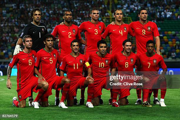 The Portuguese team pose prior to the FIFA2010 Group One World Cup Qualifying match between Portugal and Denmark at the Estadio Jose Alvalade on...