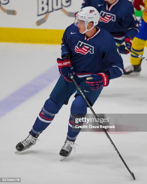 Riley Tufte of the USA follows the play against Sweden during a World Jr. Summer Showcase game at USA Hockey Arena on August 2, 2017 in Plymouth,...