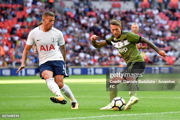 Toby Alderweireld and Federico Bernardeschi during the Tottenham Hotspur v Juventus Pre-Season Friendly match at Wembley Stadium on August 5, 2017 in...