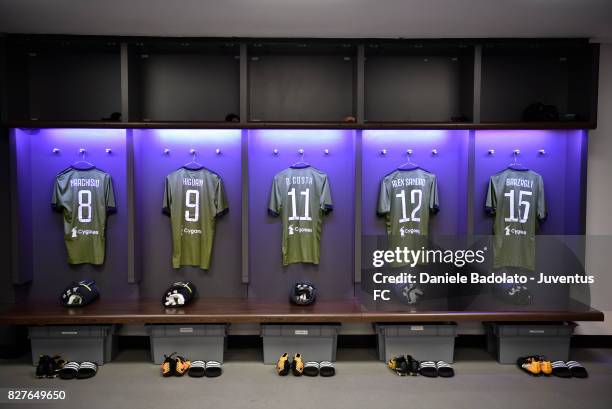 Juventus dressing room before the Tottenham Hotspur v Juventus Pre-Season Friendly match at Wembley Stadium on August 5, 2017 in London, England.
