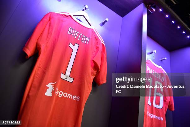 Juventus dressing room before the Tottenham Hotspur v Juventus Pre-Season Friendly match at Wembley Stadium on August 5, 2017 in London, England.