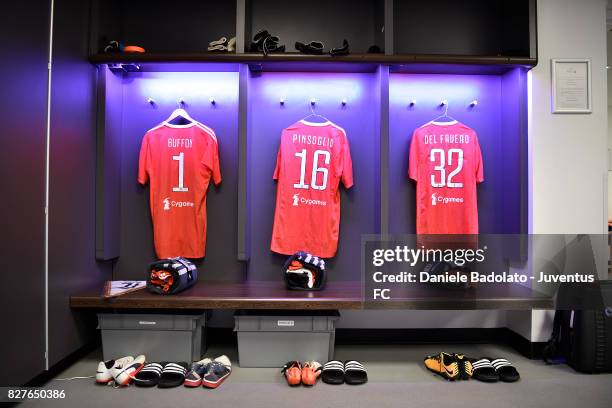 Juventus dressing room before the Tottenham Hotspur v Juventus Pre-Season Friendly match at Wembley Stadium on August 5, 2017 in London, England.